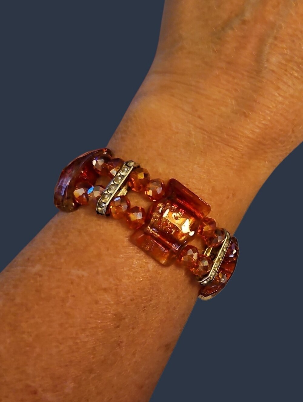 Vintage Orange Dichroic Art Glass Beaded Stretch Bracelet